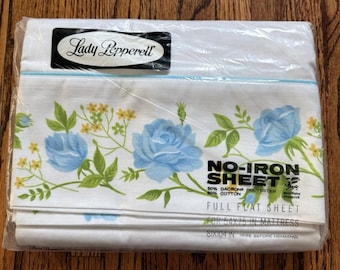 Lenzuolo matrimoniale standard NOS anni '70, blu floreale, stile cottagecore MCM USA, lenzuolo matrimoniale vintage, lenzuola cottagecore, lenzuola blu floreali