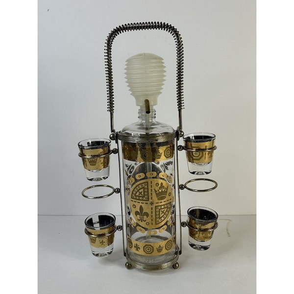 50s MCM Mid Century Atomic Culver Gold Pump Liquor Decanter Stand Shot Glass, Vintage Culver Decanter, Mid Century Modern Liquor Decanter