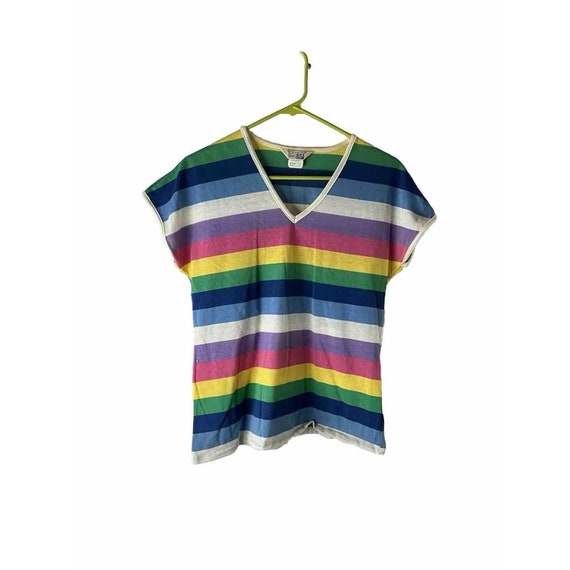 70s Womens Medium Rainbow Stripe V Neck T Shirt B… - image 1