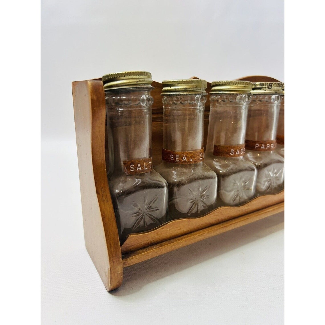 70s Wood Spice Rack Glass Apothecary Jars Rustic Farmhouse Country MCM ...