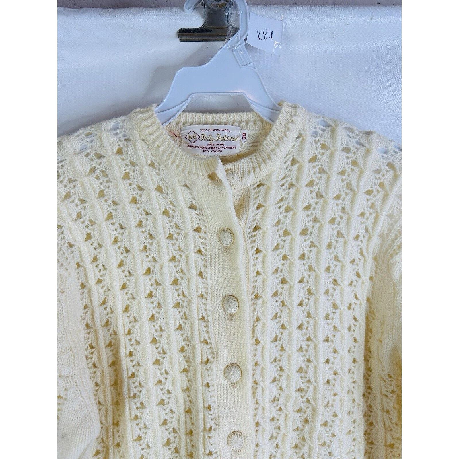80s Womens Medium Virgin Wool Open Knit Cardigan Sweater 