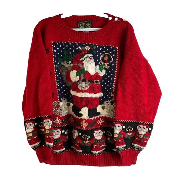 90s Womens Large Hand Knit Wool Santa Clause Christmas Sweater, Womens Knit Sweater, Vintage Wool Christmas Knit Sweater, Ugly Christmas