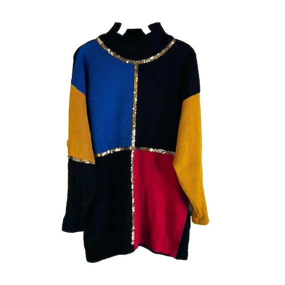 80s Womens Medium Patchwork Color Block Knit Bagg… - image 1