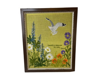 70s Handmade Country Floral Bird Crewel Needlepoint Yarn Art Wall Decor, Vintage Framed Yarn Art, Handmade Needlepoint Wall Decor