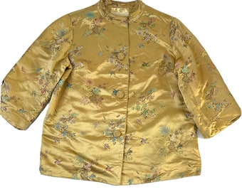 60s Womens 14 Silk Satin Oriental Floral Brocade Kimono Jacket Gold, Vintage Chinese Kimono, Satin Floral Brocade Jacket, 60s Womens Jacket