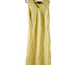 90s mujeres grande guazy lino sin mangas vestido midi amarillo costero, vestido de lino vintage, vestido de sol amarillo, vestido gauzy lagenlook, vestido