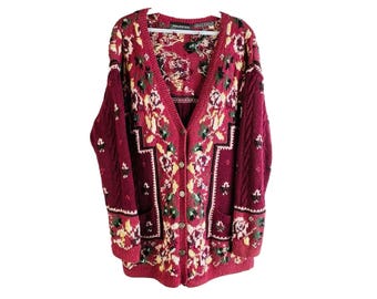 90s Womens Large Hand Knit Floral Baggy Cardigan Sweater Cottagecore, Womens Hand Knit Sweater, Vintage Cottagecore Sweater, Floral Sweater