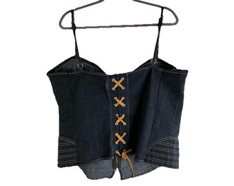 Y2K Womens 2XL Lace Up Denim Jean Corset Baby Doll Top Shirt Grunge, Womens Denim Top, Vintage Lace Up Corset, Y2K Baby Doll Top