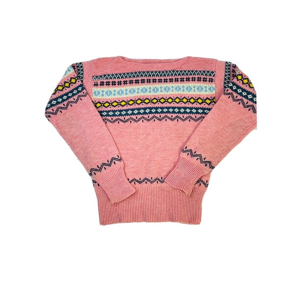 70s Womens Small Pastel Fair Isle Knit Crewneck Sweater Pink, Barbiecore Pink Sweater, Vintage Fair Isle Sweater, Womens Knit Sweater