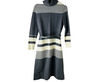 70s Womens Color Block Knit Belted Turtleneck Sweater Dress USA Rockabilly, Womens Sweater Dress, Vintage Knit Dress, 1970s Dress