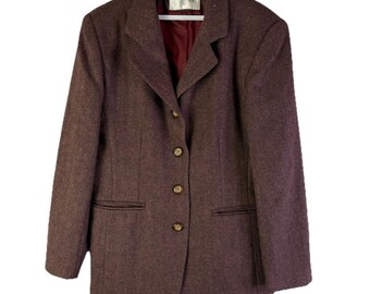 Blazer oversize de lana con estampado de espiga estilo años 80, estilo grunge ecuestre para mujer, talla 10. Blazer de lana para mujer, blazer vintage con estampado de espiga, chaqueta ecuestre.