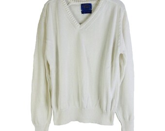 90s Pendleton Mens Medium White Cotton V Neck Knit Sweater USA, Pendleton Mens Sweater, Mens Knit Sweater, Cotton Sweater