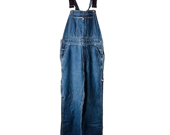 Y2K Tommy Hilfiger Dark Wash Denim Blue Jean Spell Out Bib Overalls Medium, Vintage Tommy Hilfiger Bib Overalls, Womens Jean Bib Overalls