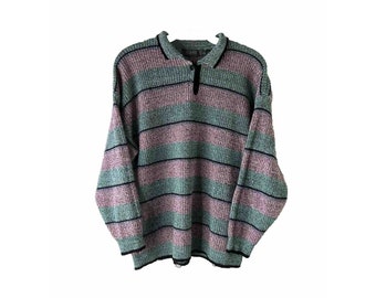80s Womens Medium Color Block Pastel Knit Collared Sweater Grunge Streetwear, Womens Knit Sweater, Vintaeg Color Block Sweater, 80s Sweater