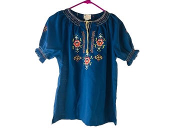 VTG 70s Womens Large Floral Embroidered Puff Sleeve Peasant Blouse Boho Festival, Womens Floral Blouse, Vintage Peasant Blouse, Blouse