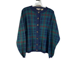 90s Wool Tartan Plaid Knit Sweater, Womens Medium