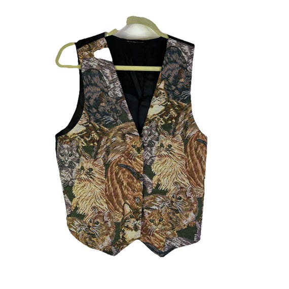 90s Streetwear Womens Large Kitty Cat Kitten Tapestry Vest Sleeveless Jacket, Vintage Cat Vest, 90s Tapestry Vest, Tapestry Jacket