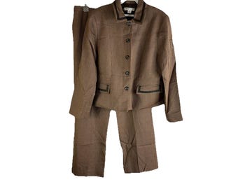 90s Pendleton Pant Suit 2 PC Womens 12 Petite Wool Houndstooth Plaid Leather, Womens Wool Pant Suit, Vintage Pendleton Womens Pant Suit