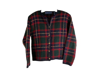 90s Womens Small Tartan Plaid Knit Cardigan Sweater Preppy Grunge, Womens Knit Sweater, Vintage Plaid Sweater, Grunge Sweater