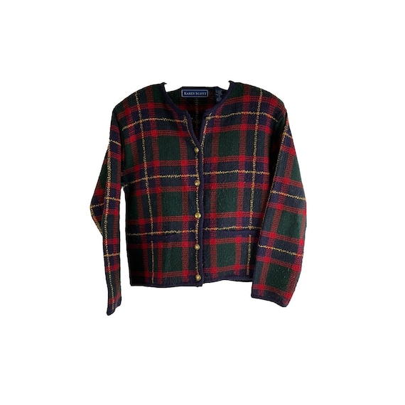 90s Womens Small Tartan Plaid Knit Cardigan Sweater Preppy Grunge, Womens Knit Sweater, Vintage Plaid Sweater, Grunge Sweater