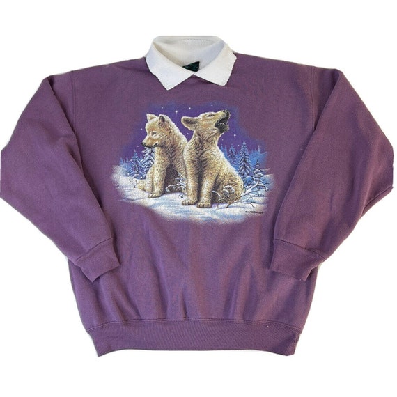 90s Womens Large Wolf Cubs Nature Snowy Trees Fad… - image 1