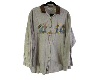 Camisa de mujer con botones bordados, estilo años 90, talla 20, con jarrón floral, estilo vintage de jardín.