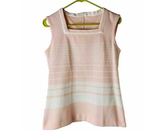 60s Womens Large Blush Pink Color Block Knit Blouse Sleeveless Shirt Mod, Womens Sleeveless Blouse, 1960s Womens Blouse, Mod Blouse