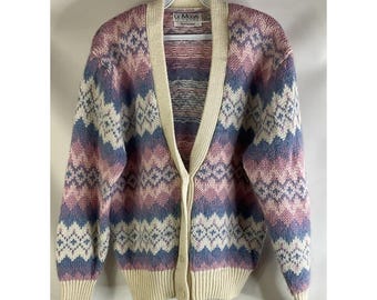 80s Womens Medium Hand Knit Mohair Pastel Nordic Cardigan Sweater Fairy, Womens Knit Sweater, Vintage Hand Knit Sweater, Pastel Sweater
