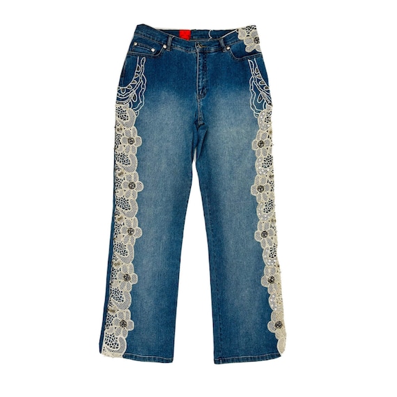Y2K Womens 8 Embellished Thick Stitched Lace Faded Straight Leg 
