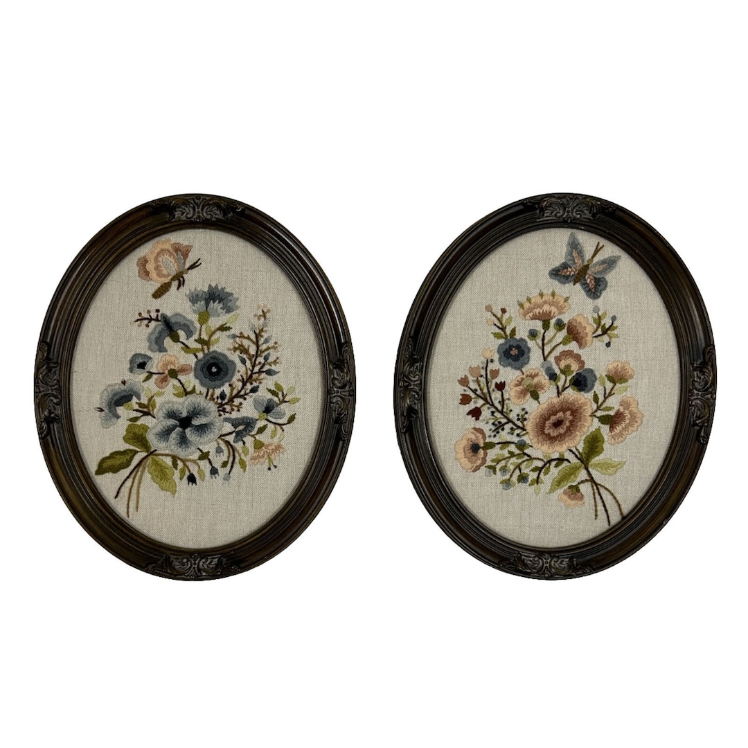70s Handmade Country Floral Butterfly Crewel Yarn Art Wall Plaques Pair