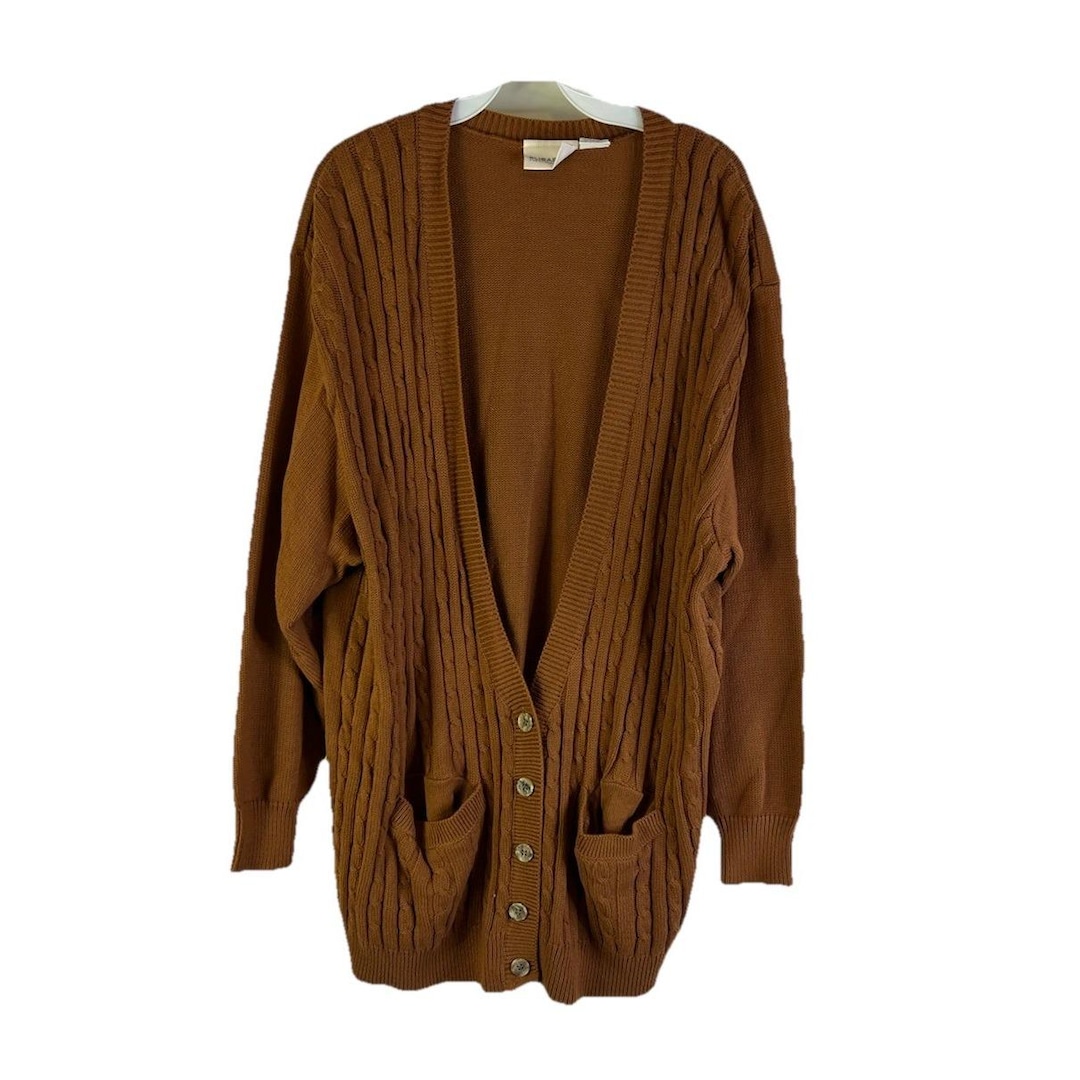 80s Womens 2XL Cotton Cable Knit Oversized Cardigan Sweater