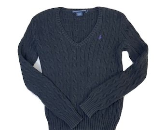 90s Ralph Lauren Womens Medium Chunky Cable Knit Faded V Neck Sweater, Vintage Ralph Lauren Womens Sweater, Womens Cable Knit Sweater