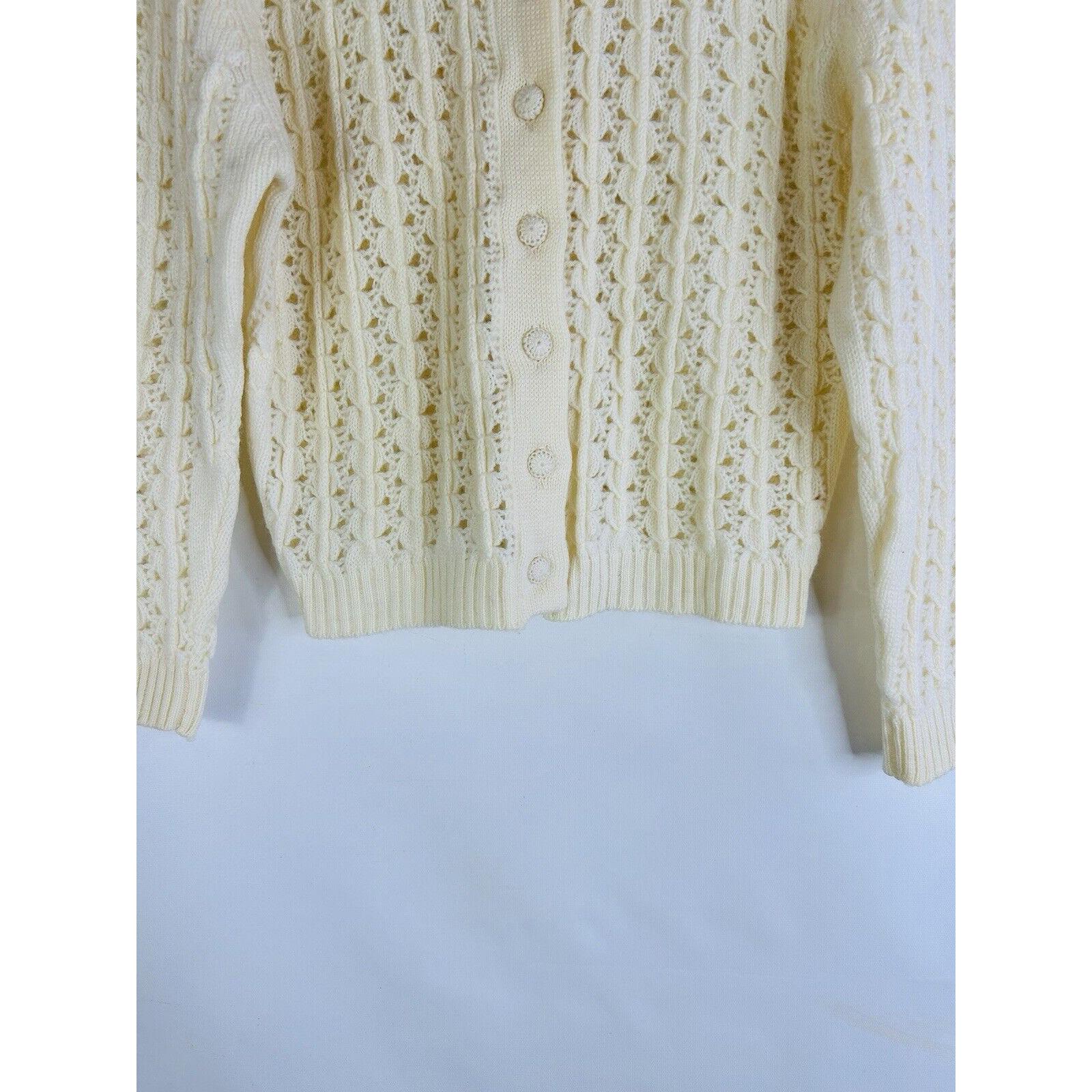 80s Womens Medium Virgin Wool Open Knit Cardigan Sweater 