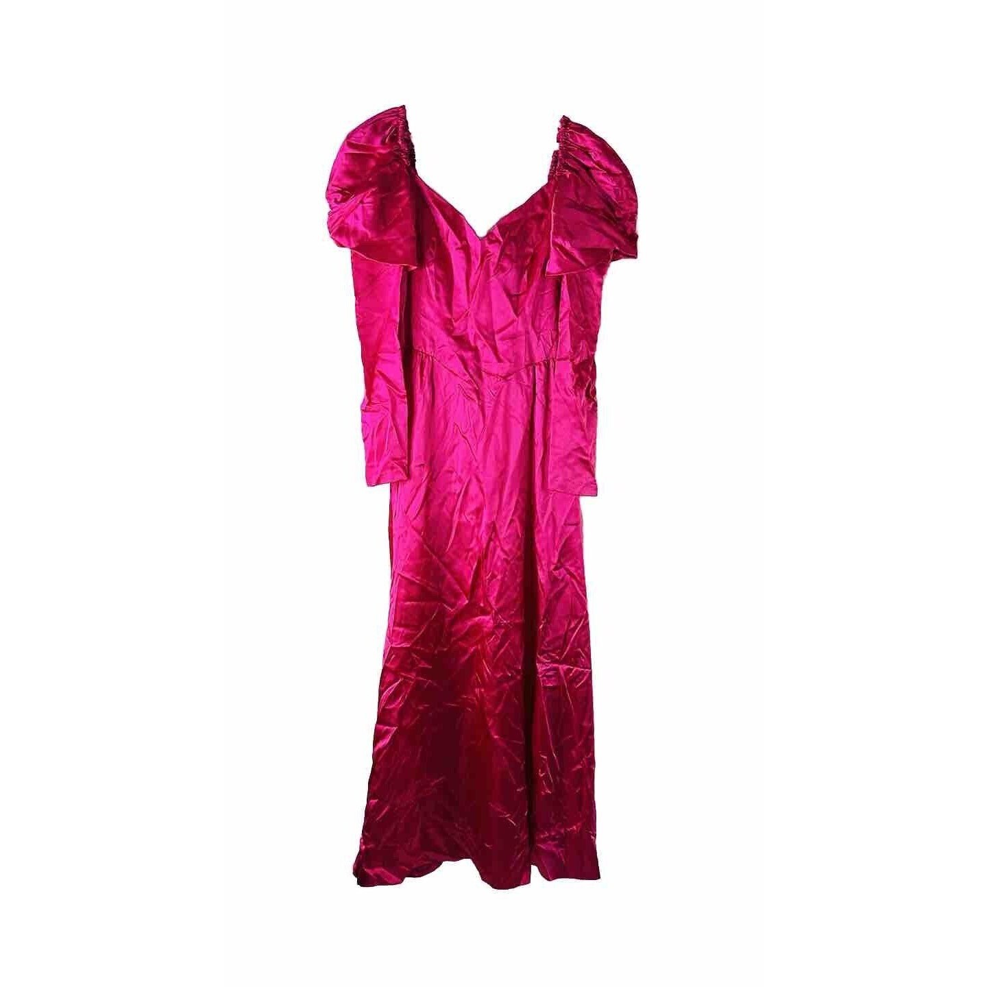 satin 80s prom dress Pink Puffy Sleeve Ball Gown Dress