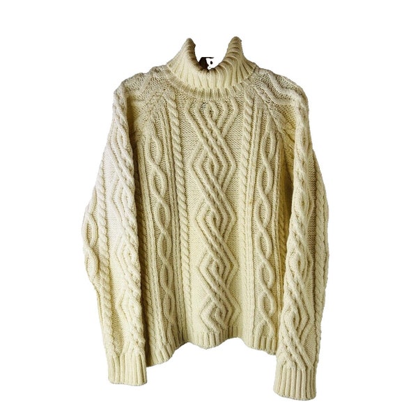 90s Womens Large Chunky Wool Cable Knit Fisherman Turtleneck Sweater Cream, Womens Chunky Wool Sweater, Vintage Fisherman Sweater