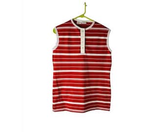 70s Womens Large Red Striped Sleeveless Henley Shirt Tank Top Pin Up Hippy, Womens Henley Shirt, Vintage Sleeveless Blouse, 70s Blouse