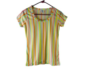 70s Womens Medium Rainbow Stripe Knit Short Sleeve Blouse T Shirt Preppy, Womens Knit Blouse, Vintage Rainbow Stripe T Shirt, 1970s Blouse