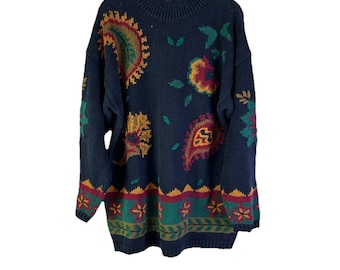 90s Womens Medium Rainbow Paisley Knit Baggy Sweater Whimsy Streetwear, Womens Knit Sweater, Vintage Baggy Sweater, Whimsy Sweater