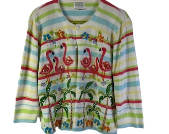 Sweter kardigan z lat 90. z motywem flaminga i palmy, damski, XL, dzianinowy sweter, sweter vintage z motywem fantazyjnym, sweter nowatorski