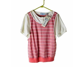 NOS 80s Womens Large Layered Striped Button Henley Shirt Blouse Preppy Nerdy, Womens Button Blouse, Vintage Henley Shirt, 1980s Blouse