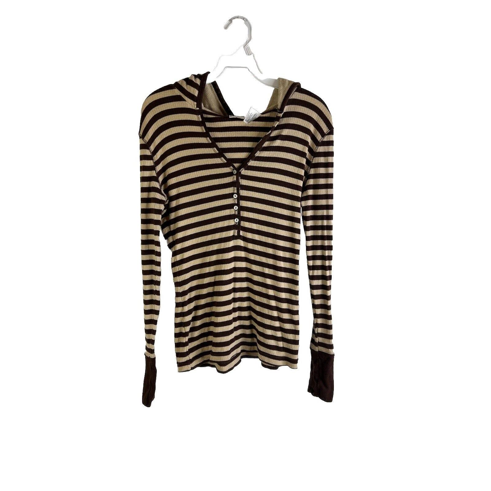 Y2K Womens Large Striped Thermal Hooded Henley Shirt Grunge NOBO