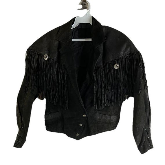【vintage】 western fringe suede jacket 80s Western Womens Small Suede Leather Fringe Cropped Jacket Black