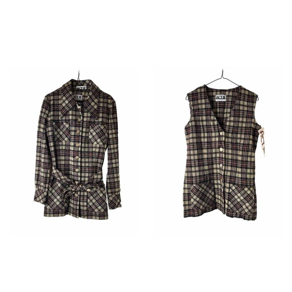 NOS 70s Womens 12 Plaid Knit Belted Jacket Blazer… - image 1
