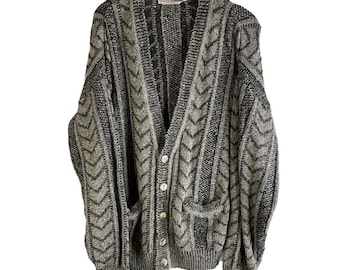 80s Streetwear Mens Medium Geometric Knit Cardigan Sweater Dad Grandpa, Mens Knit Sweater, Vintage Grandpa Sweater, Geometric Sweater