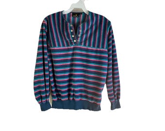 80er Jahre Damen Kleiner Regenbogen Streifen Velour Samt Knopf Henley Pullover, Gestreifter Pullover für Damen, Vintage Velour Pullover, Henley Pullover