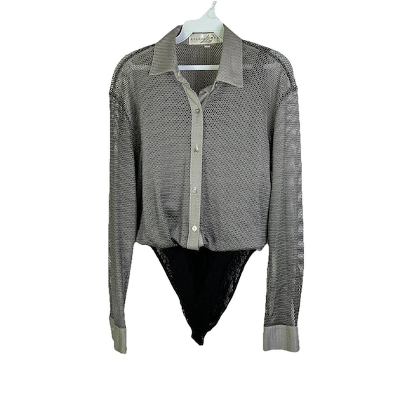 80s Womens Medium Button Front Mesh Bodysuit Rave… - image 1