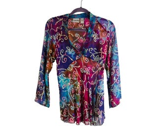 Vintage Y2K Womens XS Silk Rainbow Floral Sheer Baby Doll Top Shirt Fairy, Womens Silk Blouse, Vintage Baby Doll Top, Fairy Top