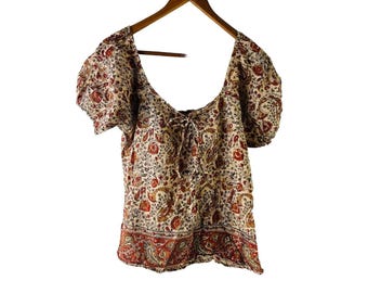 Y2K Womens Small Puff Sleeve Paisley Peasant Blouse Shirt Boho Fairy, Womens Peasant Blouse, Vintage Puff Sleeve Blouse, Y2K Blouse