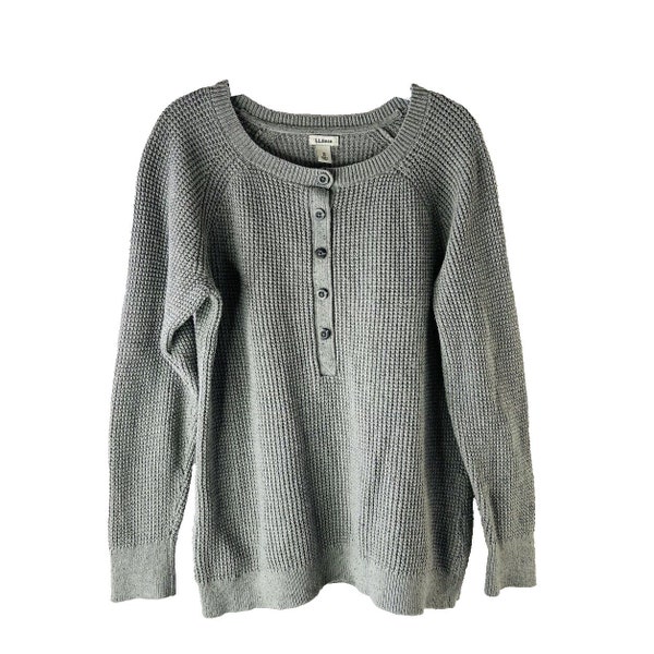 90s L.L. Bean Womens Medium Waffle Knit Button Henley Sweater Gray, L.L. Bean Womens Sweater, Vintage Waffle Knit Sweater, Henley Sweater