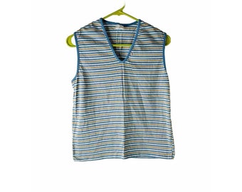 70s Womens Large Striped Sleeveless Shirt Tank Top Hippy Preppy, Womens Sleeveless Blouse, Vintage Tank Top, Rainbow Stripe Shirt